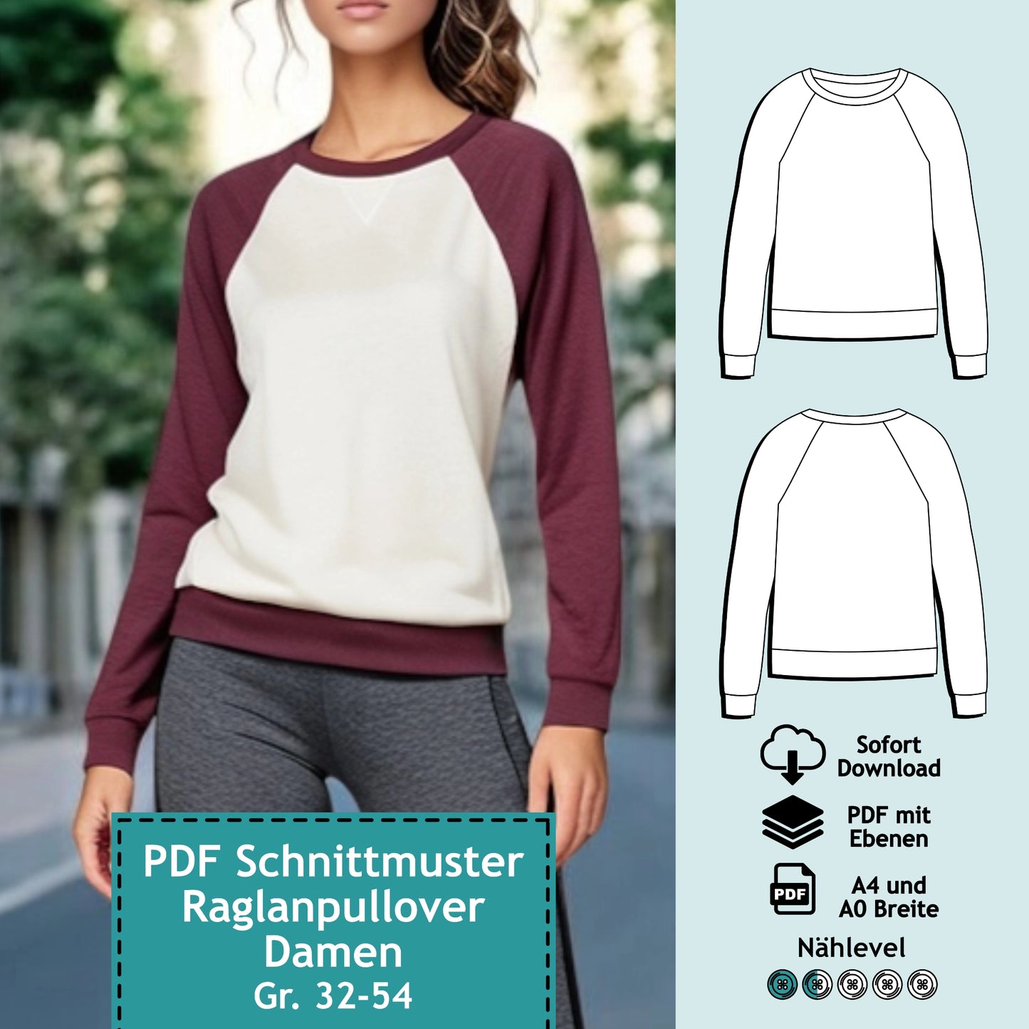 Schnittmuster Raglanpullover Tina (Gr. 32-54)