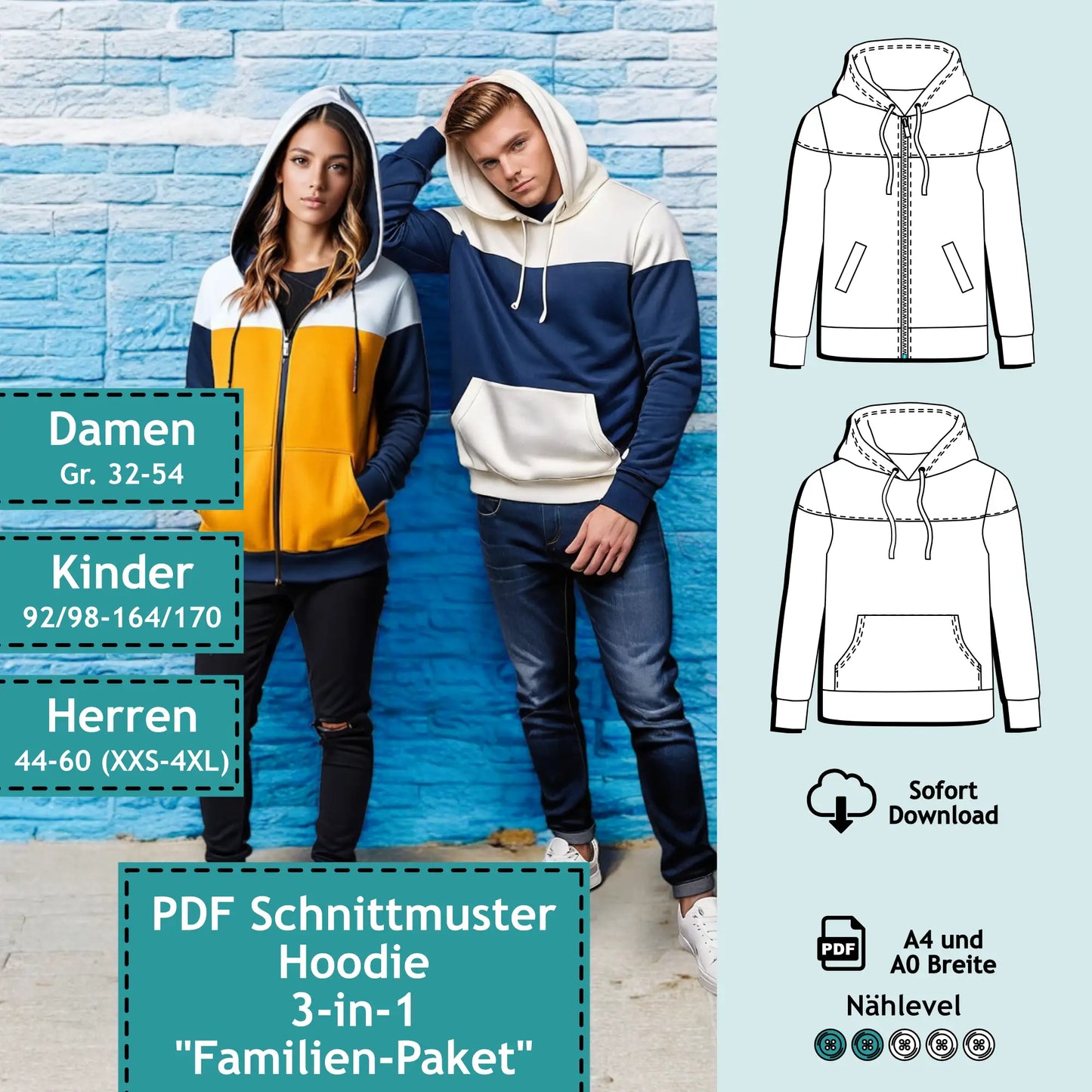 3er Set PDF Schnittmuster Hoodie "Bonnie & Clyde" (digital)