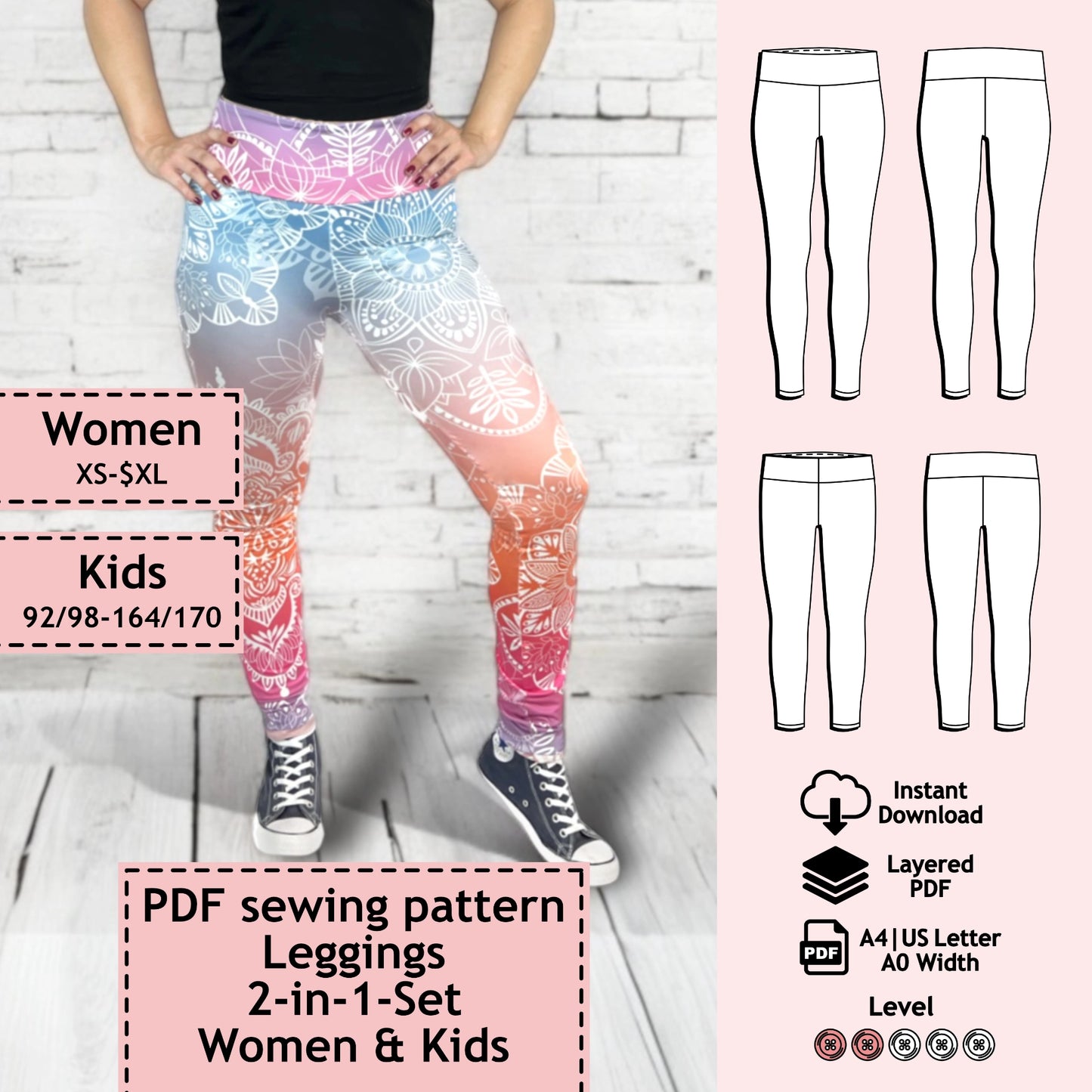 2-in-1 PDF Sewing Pattern Set â Leggings âNeleâ (digital)