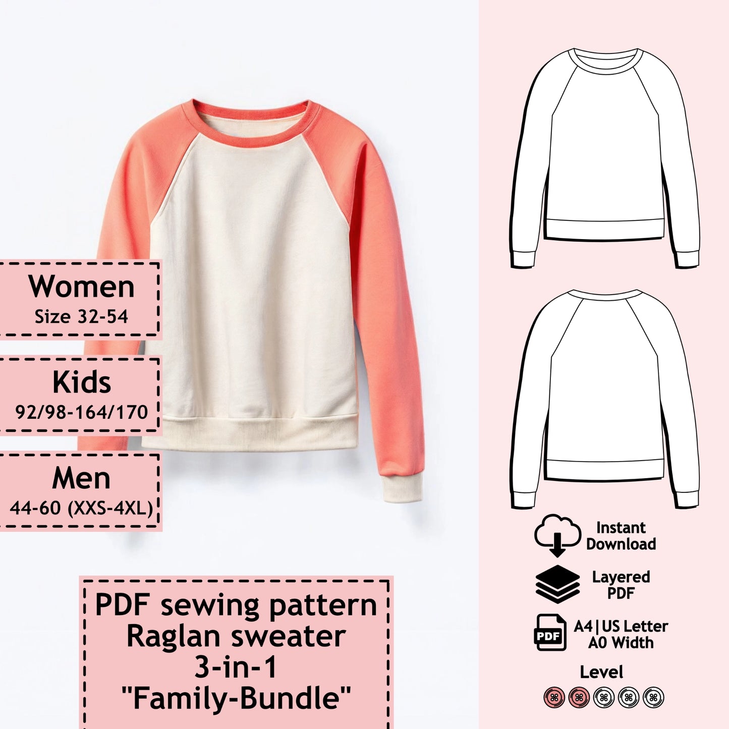 3er Set PDF Schnittmuster Raglanpullover "Tina & Tim" (digital)