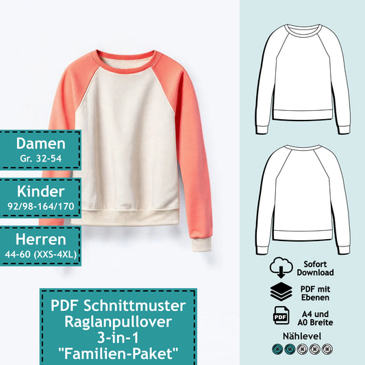 3er Set PDF Schnittmuster Raglanpullover "Tina & Tim" (digital)