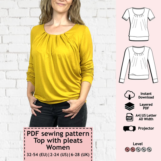PDF Sewing pattern top with pleats (EU 32-54 / US 2-24 / UK 6-28)