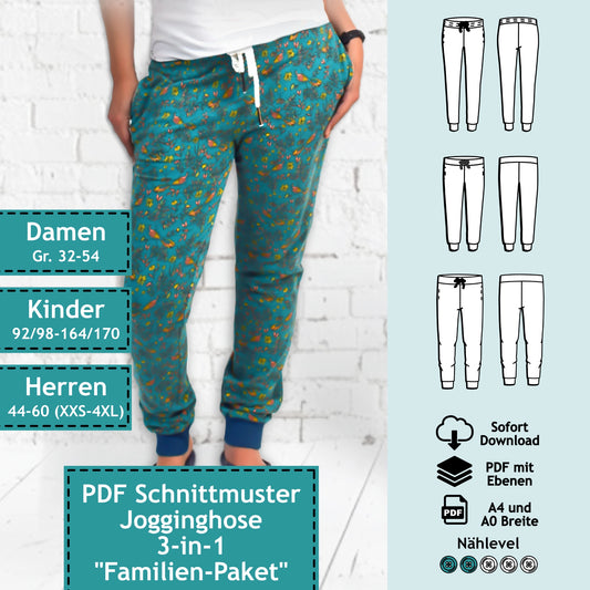 3er Set PDF Schnittmuster Jogginghose "Anita, Anton & Anni" (digital)