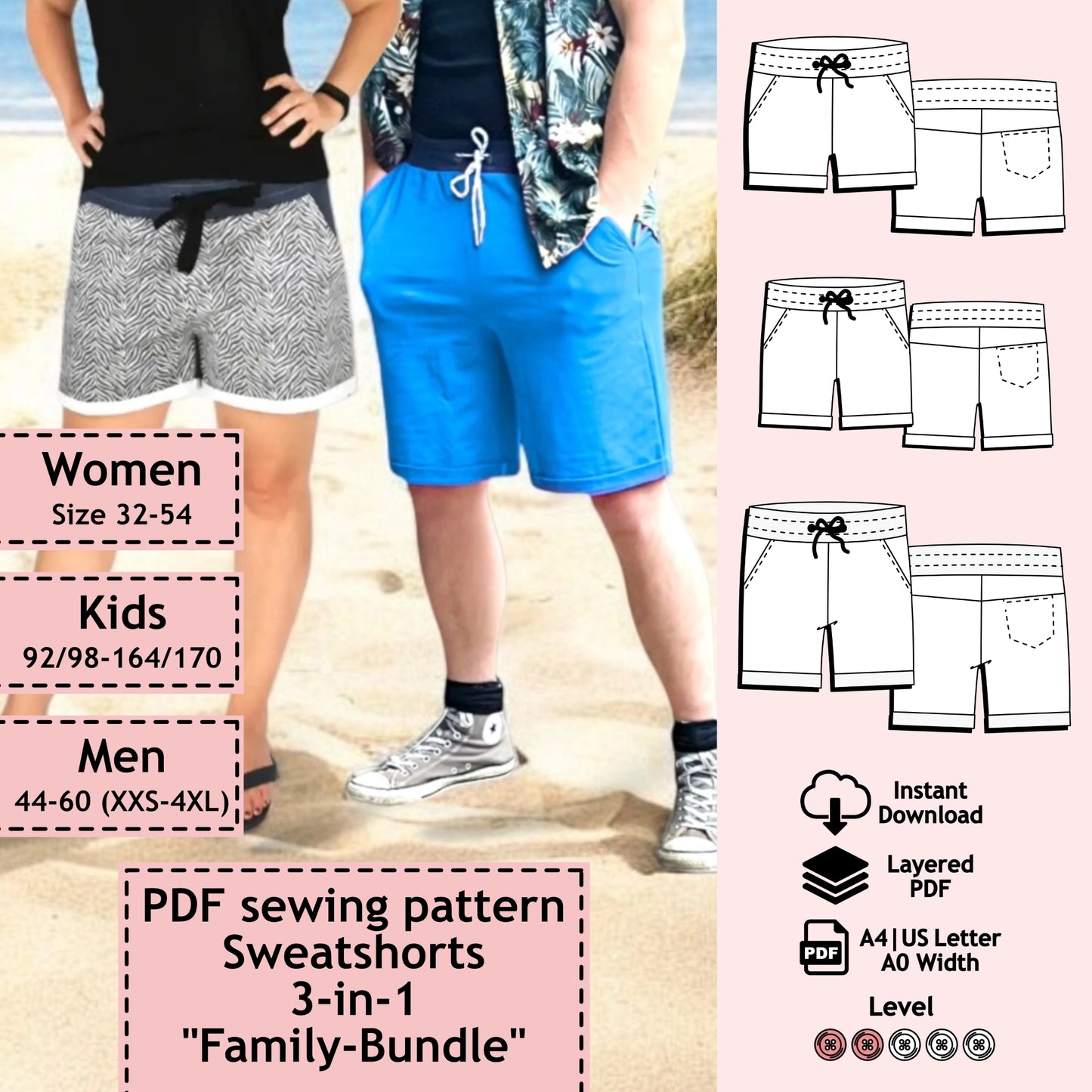 3er Set PDF Schnittmuster Sweatshorts "Adam & Eva" (digital)