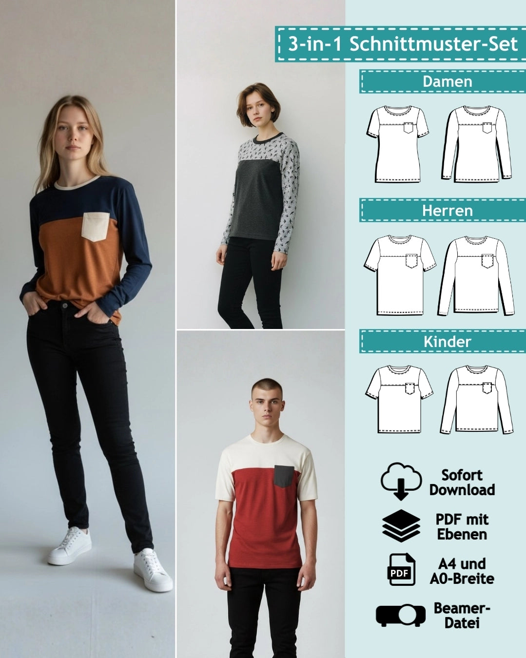 3er Set PDF Schnittmuster T-Shirt & Longsleeve Nick(y) (digital)