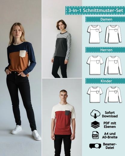 3er Set PDF Schnittmuster T-Shirt & Longsleeve Nick(y) (digital)