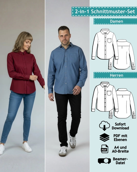 2er Set PDF Schnittmuster Bluse "Stella" und Hemd "Stan" (digital)