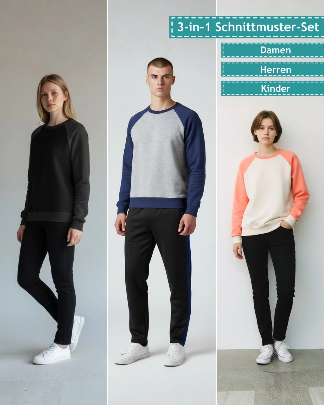 PDF Schnittmuster Set Damen Herren und Kinder - Raglanpullover