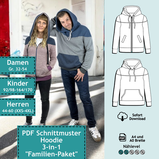 PDF Schnittmuster-Set Damen, Herren und Kinder - Hoodie