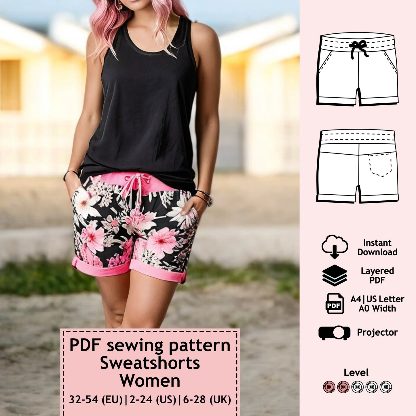 PDF Sewing pattern sweat shorts (EU 32-54 / US 2-24 / UK 6-28)