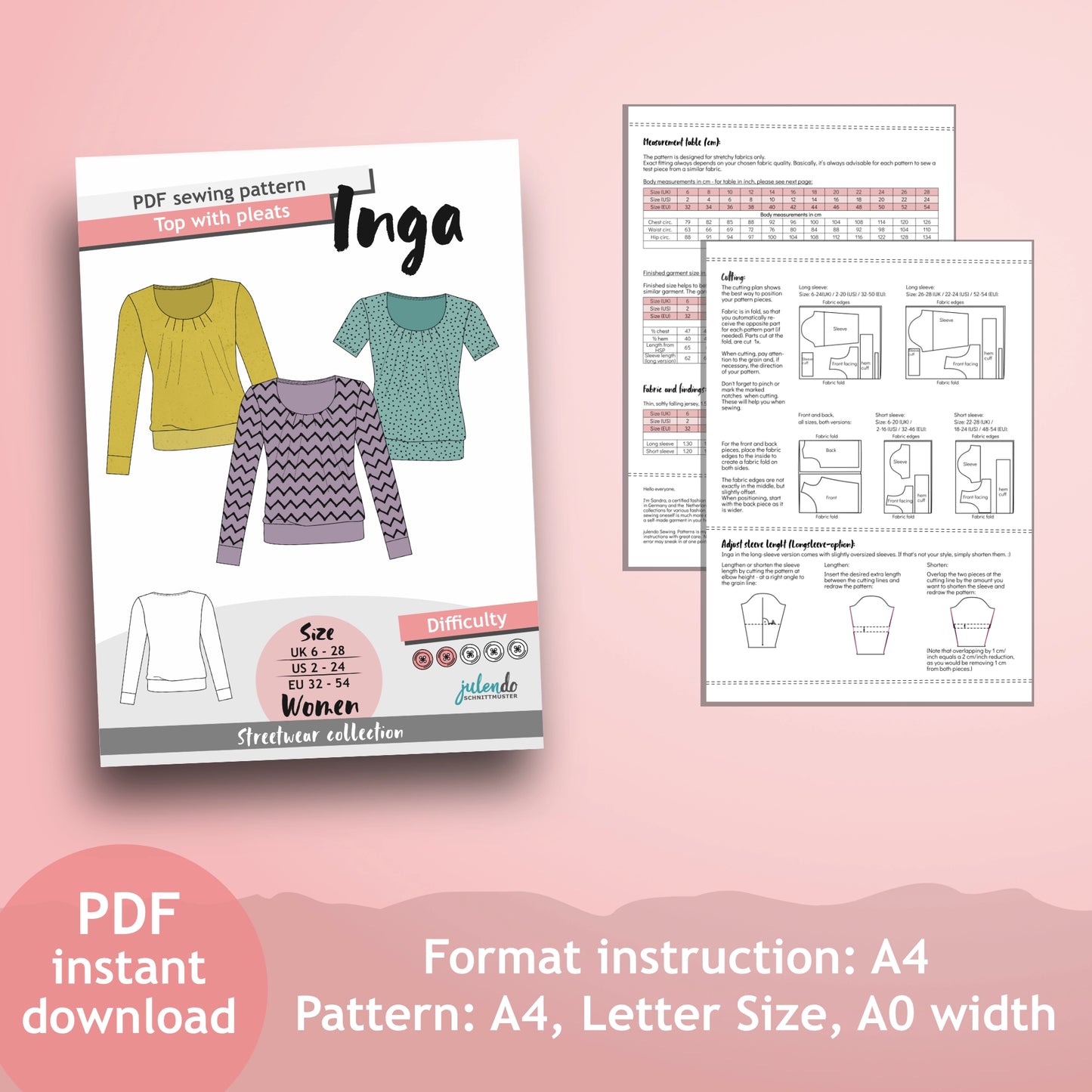 PDF Sewing pattern top with pleats (EU 32-54 / US 2-24 / UK 6-28)